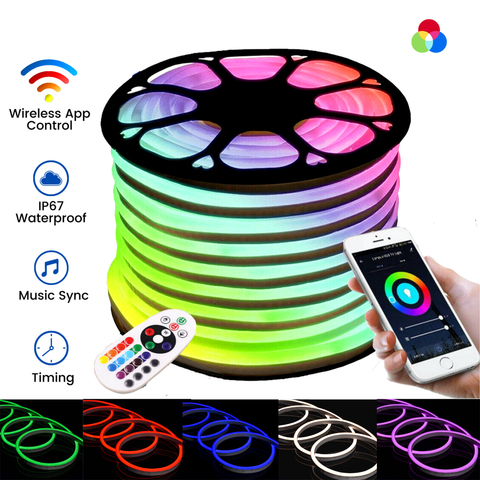 Bande lumineuse LED en néon avec télécommande, wi-fi, 24 touches, 220/110V, Kit ue/US/UK/AU, panneau lumineux Flexible, étanche, pour décoration de la maison ► Photo 1/1