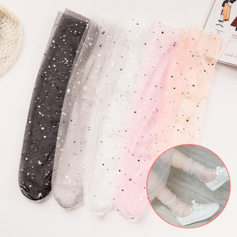 Mode d'été couleur bonbon maille mince Tulle cheville chaussettes Transparent élastique maille étoiles brillantes lune résille chaussettes ► Photo 1/6