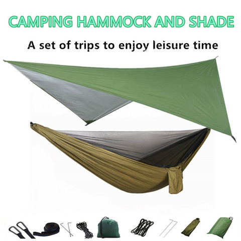 Hamac de Camping avec moustiquaire et bâche de mouche de pluie, hamac Portable en Nylon pour arbre de Parachute, abri solaire pour mouche de pluie ► Photo 1/5