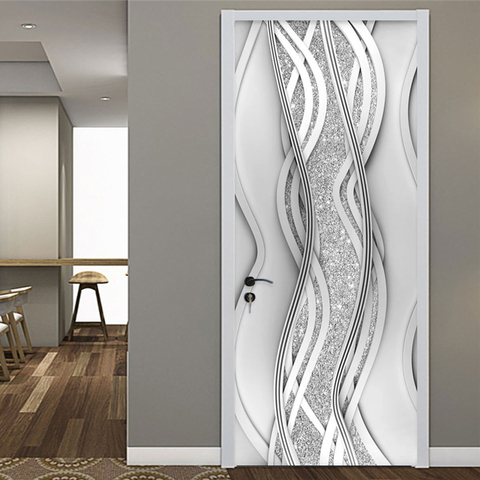 PVC porte autocollant moderne 3D abstrait mode ligne argent perle papier peint salon Art porte affiche auto-adhésif Mural autocollants ► Photo 1/6