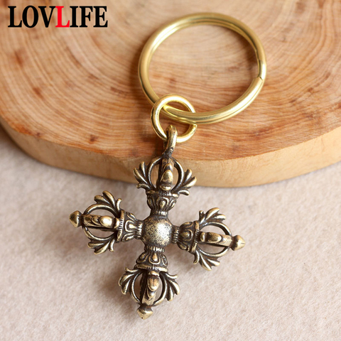 Cuivre bouddhisme Dorje croix Vajry pilon porte-clés pendentif Vintage laiton métal porte-clés breloque pour sac porte-clés artisanat Collections ► Photo 1/6