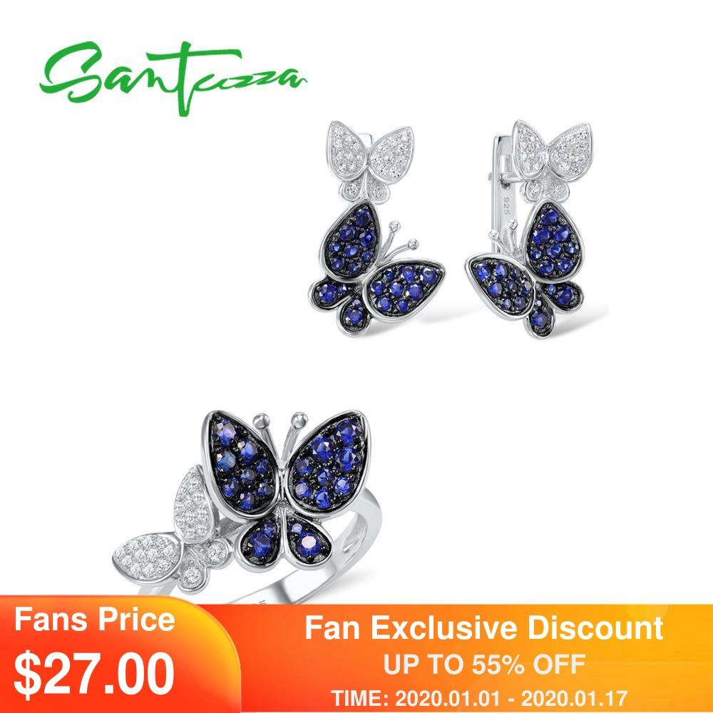 SANTUZZA Ensemble De Bijoux Pour Femmes Véritable 925 En Argent Sterling Bleu Magnifique Papillon Boucles D'oreilles Bague Ensemble Brillant CZ Bijoux De Mode ► Photo 1/6