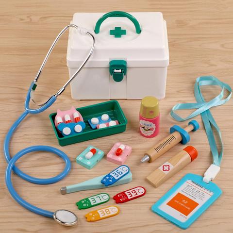 Oys pour enfants fille garçon enfants semblant jouer bois docteur jouets rouge Kit médical dentiste médecine boîte ensembles tissu sac emballage jeux ► Photo 1/6