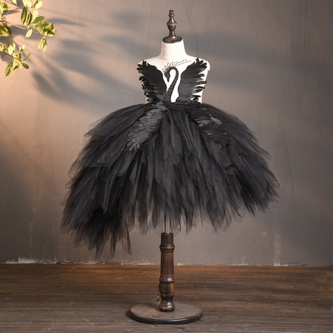 Robe de fille en Tulle fleur noire cygne cristal Tulle princesse Pageant vêtements de mariage enfants robe de fête d'anniversaire robe de bal de soirée ► Photo 1/6