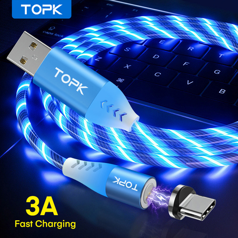 TOPK 3A lumière coulante LED câble magnétique câble Micro USB Type C câble de données de charge rapide pour iPhone Samsung USB-C câbles de téléphone ► Photo 1/6