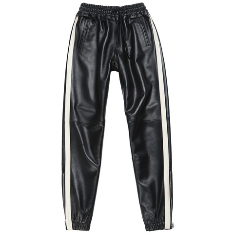 Pantalon en cuir véritable rayé couture taille élastique véritable pantalon en cuir de mouton femme était un pantalon en cuir mince avec poches F2158 ► Photo 1/6