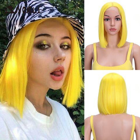 Perruque Lace Front Wig synthétique de Cosplay-Noble, perruque Bob lisse courte couleur jaune, perruque Blonde de 12 pouces pour femmes noires ► Photo 1/6