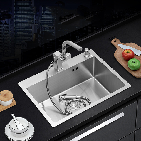 304 évier de cuisine en acier inoxydable Topmount ou sous-sol lavabo simple pour montage à la maison avec accessoires de Drainage ► Photo 1/6