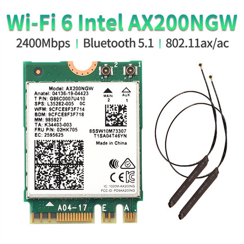 Carte sans fil wi-fi 6 802.11ax, MU-MIMO/5Ghz, 2.4 mb/s, BT 2400, pour Intel AX200 NGFF M.2 KEY E, avec antennes, pour modèle AX200NGW 5.1 ► Photo 1/6