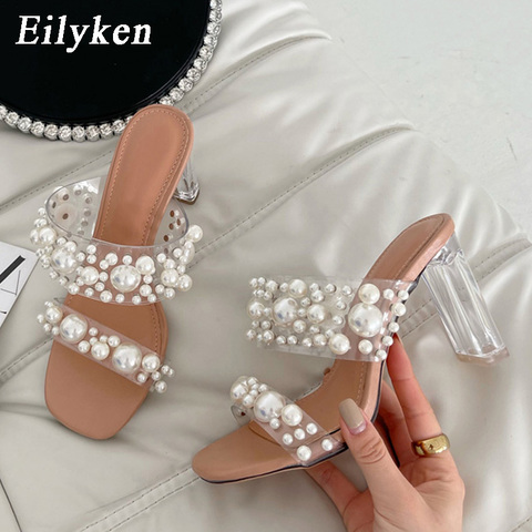 Eilyken nouveau Transparent PVC chaîne perle chaussures Femme mode bout ouvert pantoufles cristal Perspex talons diapositives plage Sandale Femme ► Photo 1/5