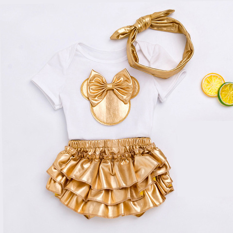 Mode bébé filles vêtements à manches courtes hauts noeud papillon barboteuse + shorts robe + bandeau 3 pièces infantile bébé filles vêtements ensembles ► Photo 1/6