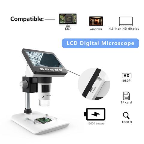 Microscope vidéo électronique numérique 1000x, écran LCD HD de 4.3 pouces, microscope de soudage à 8led, loupe de réparation de téléphones ► Photo 1/6