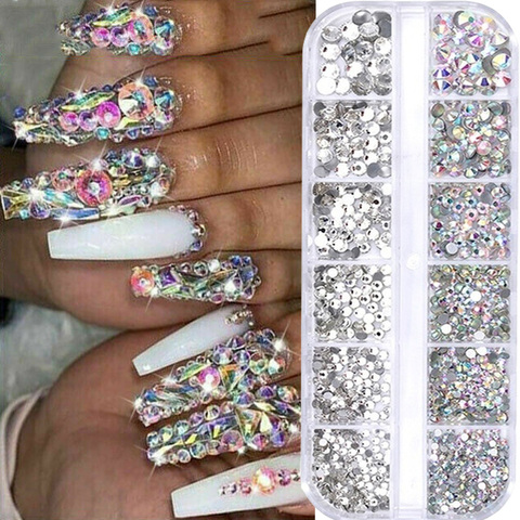 Strass colorés en cristal pour Nail Art, 12 grilles, pierres acryliques, perles, clous, dos plat, pointes à paillettes 3D, décorations pour Nail Art ► Photo 1/6