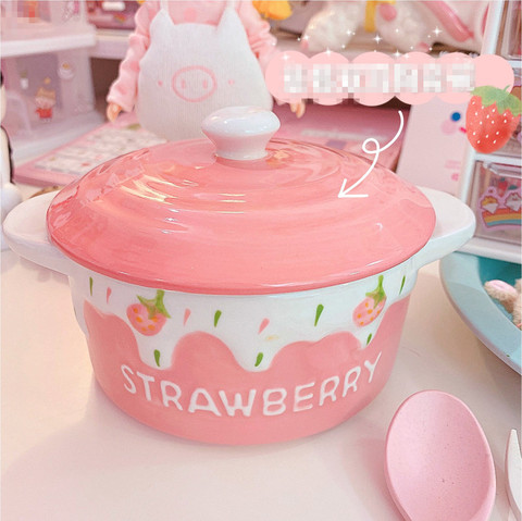 Bol Binaural en porcelaine émaillée à la fraise, pour enfants, salade de fruits, Dessert, riz, petit déjeuner avec couvercle, vaisselle ménagère, nouveau ► Photo 1/5