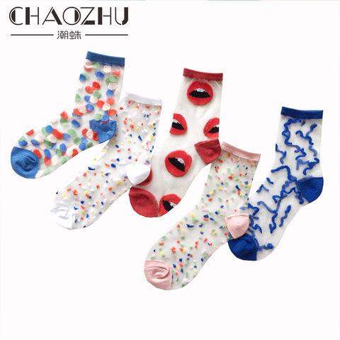 CHAOZHU 5 paires jeune fille drôle mignon mode coloré bonbons point rouge lèvres vague chaussettes doux femmes mince été cheville cristal pure ► Photo 1/6