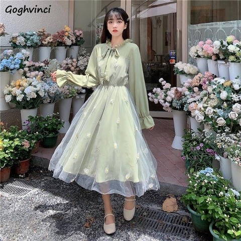 Robe femmes belle frais noeud noeud maille broderie florale taille haute Flare manches femmes élégant Chic doux filles Maxi robes ► Photo 1/6