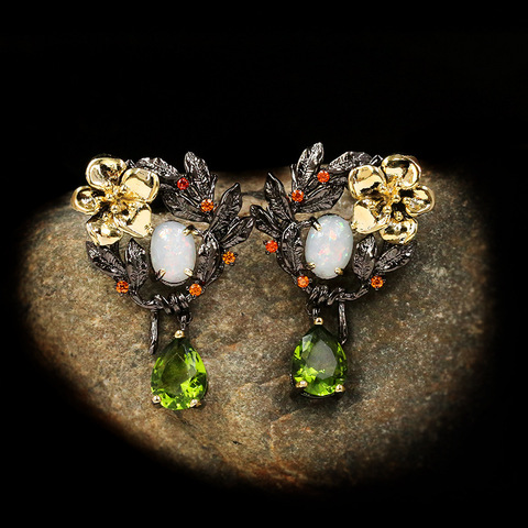 Élégant dames plante fleur perle vert Zircon boucles d'oreilles opale boucles d'oreilles dames bijoux de luxe en or noir dames boucles d'oreilles ► Photo 1/5