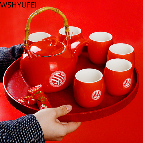 WSHYUFEI-théière rouge en porcelaine, cadeau en céramique, service à thé en porcelaine, pour mariage, de luxe ► Photo 1/6