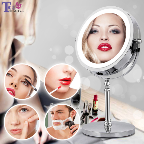 10X miroir grossissant de maquillage avec la lumière LED miroirs cosmétiques forme ronde miroir de vanité de bureau miroirs rétro-éclairé Double face ► Photo 1/6