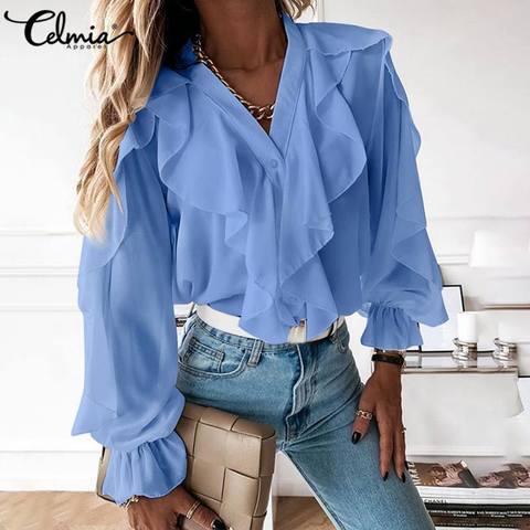 Femmes blanc Blouse Celmia 2022 mode élégant à volants hauts Sexy col en V à manches longues chemise femme décontracté bouton Streetwear Blusas ► Photo 1/6