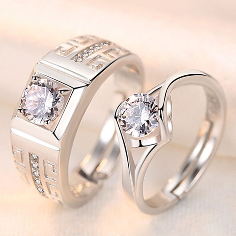 2 pièces/paire cuivre argent plaqué Couple classique redimensionnable bague de fiançailles hommes femmes Cystal réglable Valentine cadeau en gros ► Photo 1/6