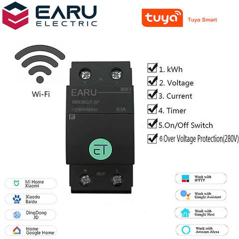 Disjoncteur WIFI intelligent, application TUYA 2P, tension, énergie, kWh, compteur de temps, interrupteur relais, voltmètre ammètre, télécommande ► Photo 1/6