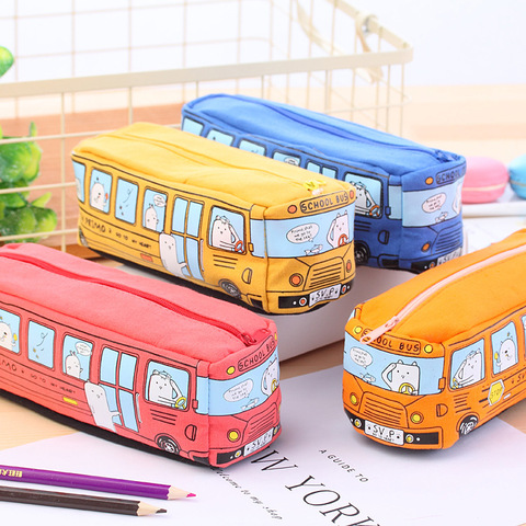 Trousse à crayons en toile, Bus scolaire créatif Kawaii, grande capacité, Animal de dessin animé, boîte à fournitures scolaires ► Photo 1/6