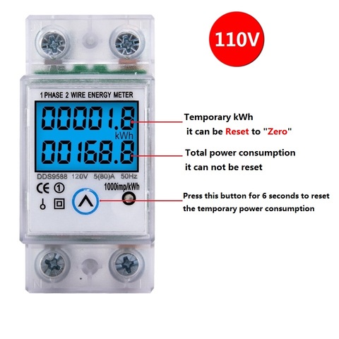 Wattmètre numérique 110V 120V 5(80)A, compteur d'énergie AC, Rail Din, KWH, tension, courant, rétro-éclairage avec fonction de réinitialisation ► Photo 1/6