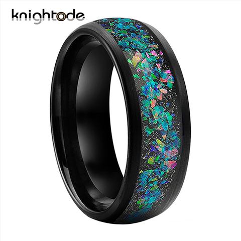 Bague de mariage en carbure de tungstène noir, 8mm, galaxie, incrustée d'opale écrasée, bagues de fiançailles pour hommes et femmes, finition brossé, confortable ► Photo 1/6