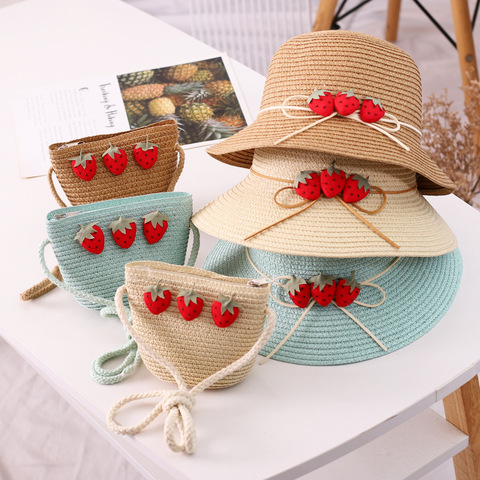 Ensemble de 2 pièces chapeau et sacs de dessin animé en plein air pour enfants fille, vacances d'été décontracté plage chapeau de paille casquette de soleil Panama gorros ► Photo 1/1