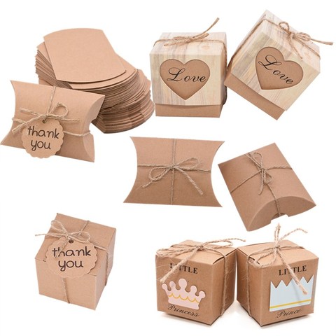 Boîtes à bonbons en papier Kraft 10 pièces, oreiller/boîte-cadeau carrée pour décoration réception-cadeaux pour bébé anniversaire fournitures d'emballage rustiques pour faveurs de mariage ► Photo 1/6