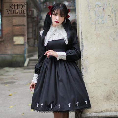 Robe gothique Lolita pour filles, en dentelle, motif croisé, broderie, soirée Cosplay, manches longues, nonne, Punk, bal, été, noir, rouge ► Photo 1/6