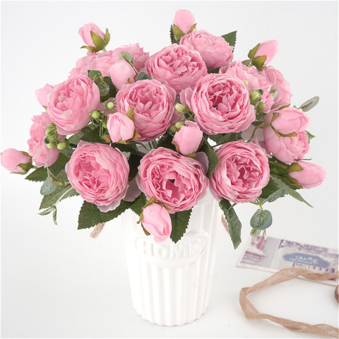 Bouquet de fleurs artificielles roses pivoines en soie, 30cm, 5 grandes têtes et 4 bourgeons, fausses fleurs pour décoration de mariage, intérieur, bon marché ► Photo 1/6