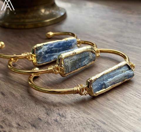 Bracelet ouvert en pierre de Kyanite bleue naturelle, perles de forme libre, bijoux bohémiens pour femmes, Bracelet en or fait à la main ► Photo 1/5