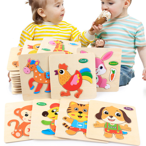 Puzzle 3D en bois Montessori pour enfants, jouet éducatif pour bébés, avec des animaux de dessin animé ► Photo 1/6