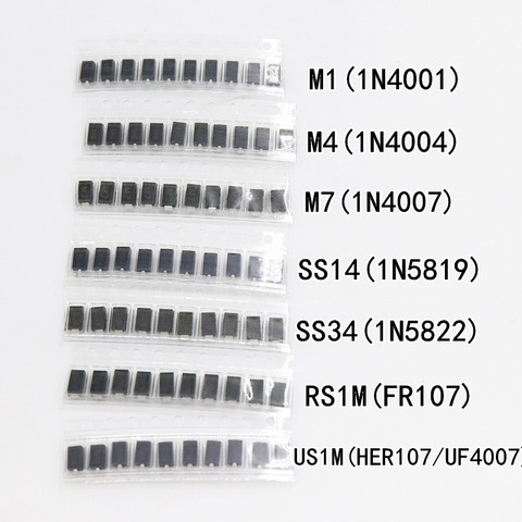 7 sortes * 10 pcs = 70 pcs/lot SMD diode paquet/M1 (1N4001) /M4 (1N4004)/M7 (1N4007)/SS14 US1M RS1M SS34 KIT ► Photo 1/6