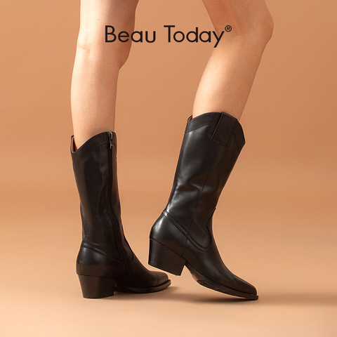 BeauToday – bottes occidentales en cuir de vache pour femme, mi-mollet, fermeture éclair sur le côté, bout pointu, chaussures faites à la main, mode automne, 06106 ► Photo 1/6