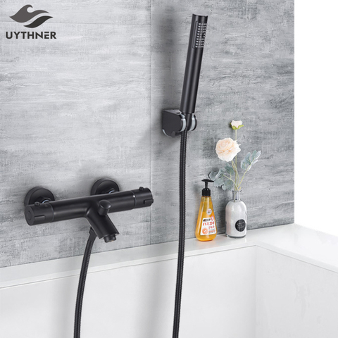 Robinet mitigeur thermostatique pour salle de bains, ensemble de douche noir robinet mitigeur pour salle de bains eau chaude et froide robinet de baignoire ► Photo 1/6