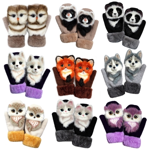 Femmes hommes hiver tricoté gants mignon 3D moelleux dessin animé Animal décor épaissi peluche doublure en plein air coupe-vent thermique chaud mitaine ► Photo 1/6