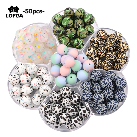 LOFCA 50pcs cravate-teinture léopard Terrazzo dalmatien camouflage Silicone perles en vrac perles de dentition à croquer coloré dentition pour bébé ► Photo 1/6