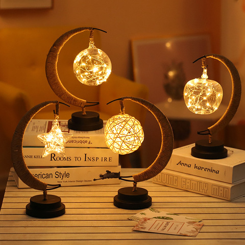 Lampe Led étoiles/lune/pomme/Sepak takraw, cadeau de noël, corde de chanvre faite à la main, en fer forgé, veilleuse de décoration pour salle de fête ► Photo 1/6