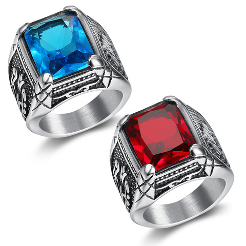 Chevalière pour hommes, bague en pierre Semi-précieuse, couleur argent, rouge et bleu, en acier inoxydable 316l, accessoires bijoux Anillos ► Photo 1/4