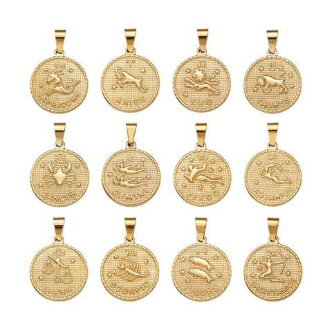 Ensembles de pendentifs plats et ronds en acier inoxydable 304, avec douze constellations/signe du zodiaque doré 29x25x3.2mm, trou: 9x4.5mm; 12 pièces/ensemble ► Photo 1/6