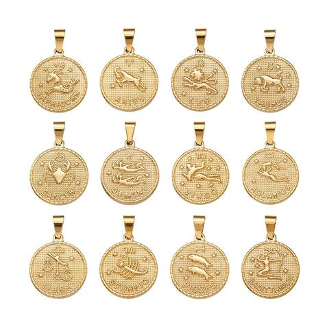 Ensembles de pendentifs plats et ronds en acier inoxydable 304, avec douze constellations/signe du zodiaque doré 29x25x3.2mm, trou: 9x4.5mm; 12 pièces/ensemble ► Photo 1/6