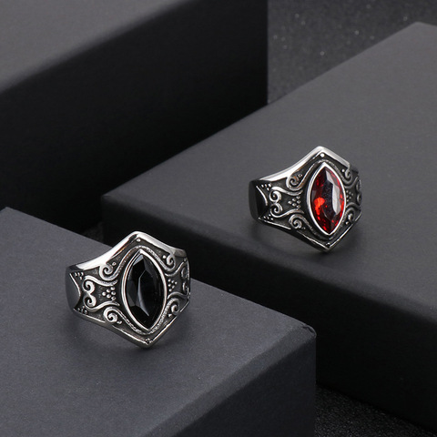 Bijoux Vintage pour hommes, en acier inoxydable, pierre rouge sculptée, bague de personnalité à la mode ► Photo 1/6