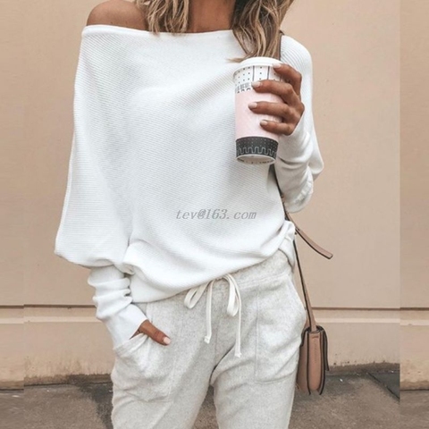 Femmes automne printemps hors épaule pull manches chauve-souris longues couleur unie hauts tricotés pull-over tricots de style décontracté ample ► Photo 1/6