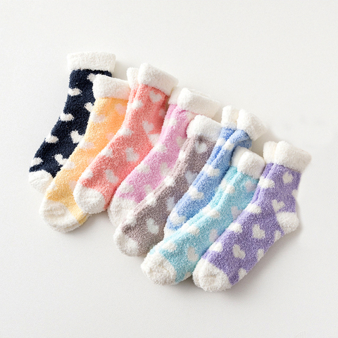 Chaussettes chaudes pour femmes, couleur bonbon, mignon motif de cœur, hiver, Kawaii, épais, moelleux, en coton, mignon, cadeau coréen de noël ► Photo 1/6