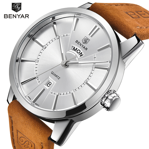 BENYAR-montre à Quartz analogique de marque de luxe, montre à Quartz pour hommes, bracelet en cuir véritable, étanche, 30M, décontracté ► Photo 1/6