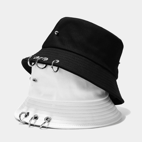 Kpop Jungkook Harajuku Hip Hop couleur unie seau chapeau à pointes Rivets anneaux en métal extérieur large bord crème solaire chapeau de pêcheur ► Photo 1/6