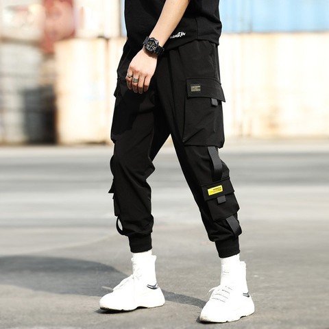 Streetwear Hip Hop noir sarouel hommes taille élastique pantalon avec rubans décontracté mince survêtement pantalon hommes Hip Hop pantalon ► Photo 1/4